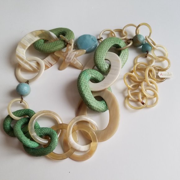 AMLE Italian Long Horn Green Chain Necklace with Python skin - Picture 16 of 16